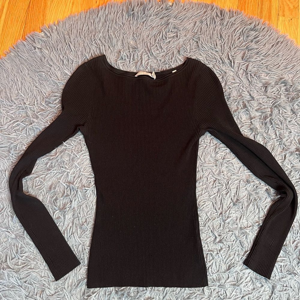 Vince Black Boat Neck Ribbed Long Sleeve Top Size s